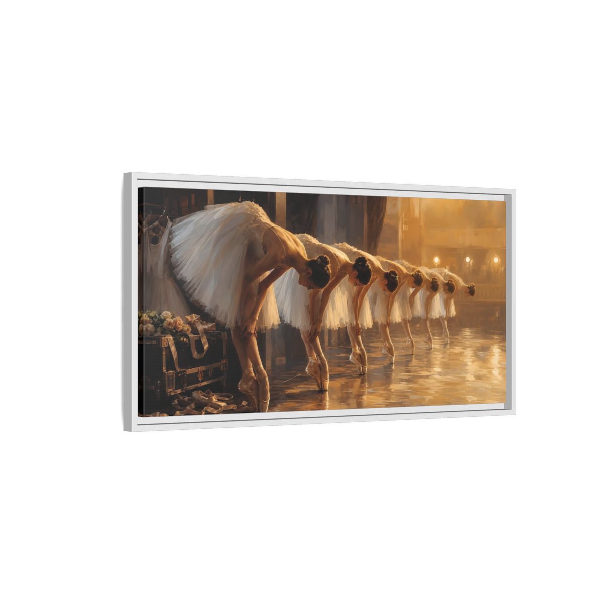 Side Mockup 1. Vintage Ballerinas Ballerinas Gold shown as framed canvas print