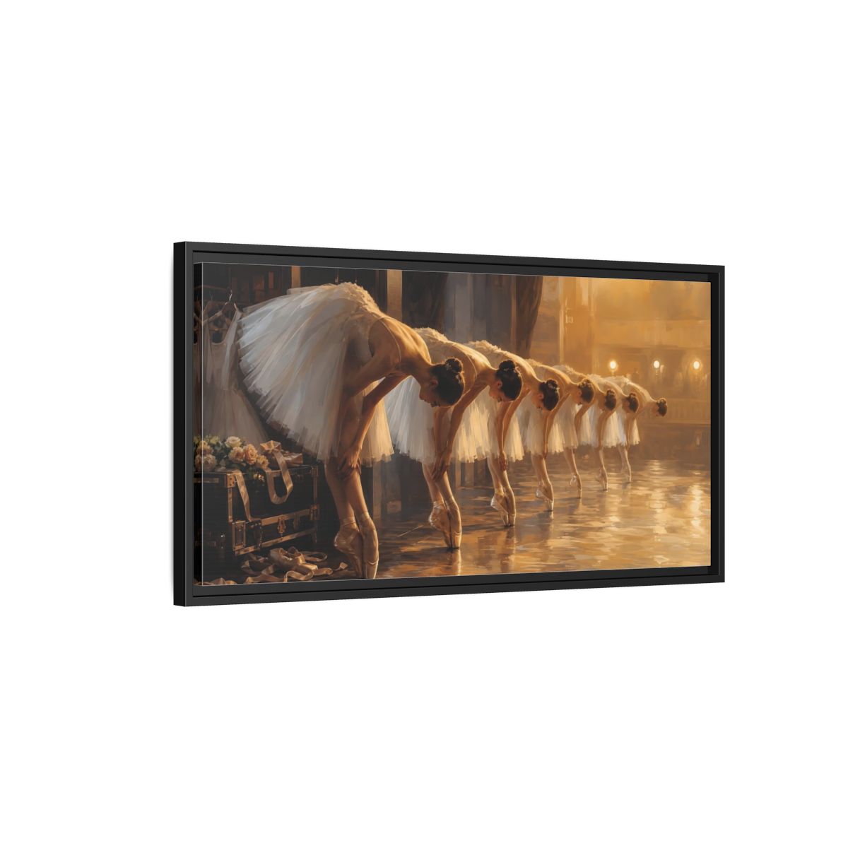 Side Mockup 2. Vintage Ballerinas Ballerinas Gold shown as framed canvas print