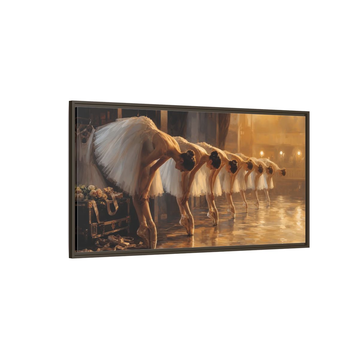 Side Mockup 4. Vintage Ballerinas Ballerinas Gold shown as framed canvas print