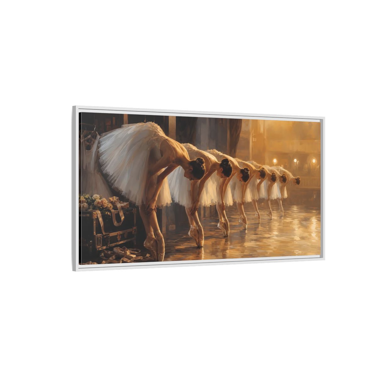 Side Mockup 3. Vintage Ballerinas Ballerinas Gold shown as framed canvas print