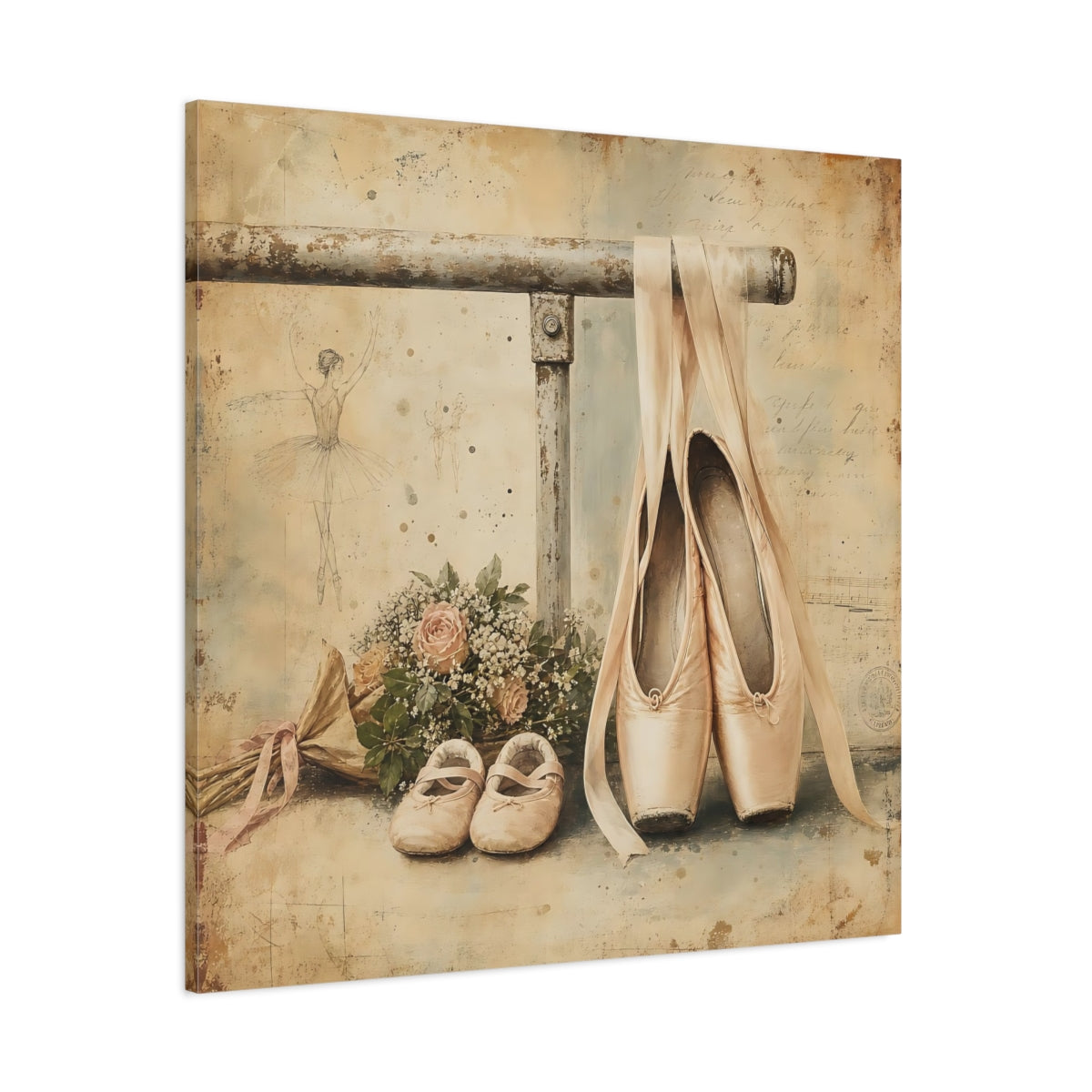 Side Mockup 1. Vintage Ballet Pointe Shoes shown as canvas print
