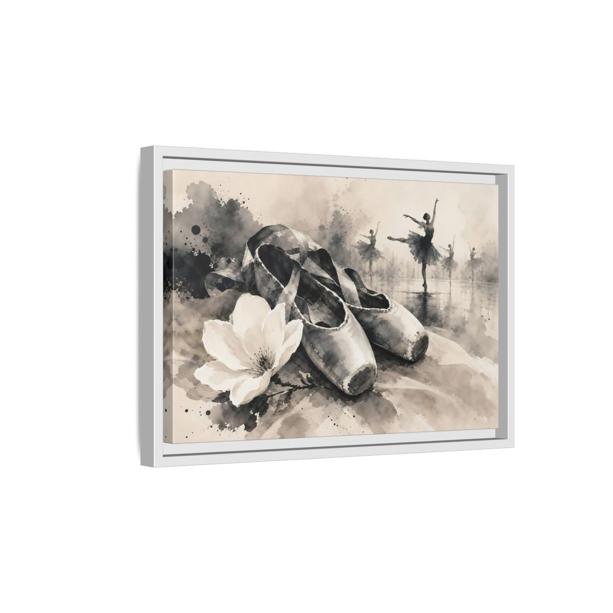 Side Mockup 4. Vintage Ballet Shoes Vintage Ballet Art shown as framed canvas print