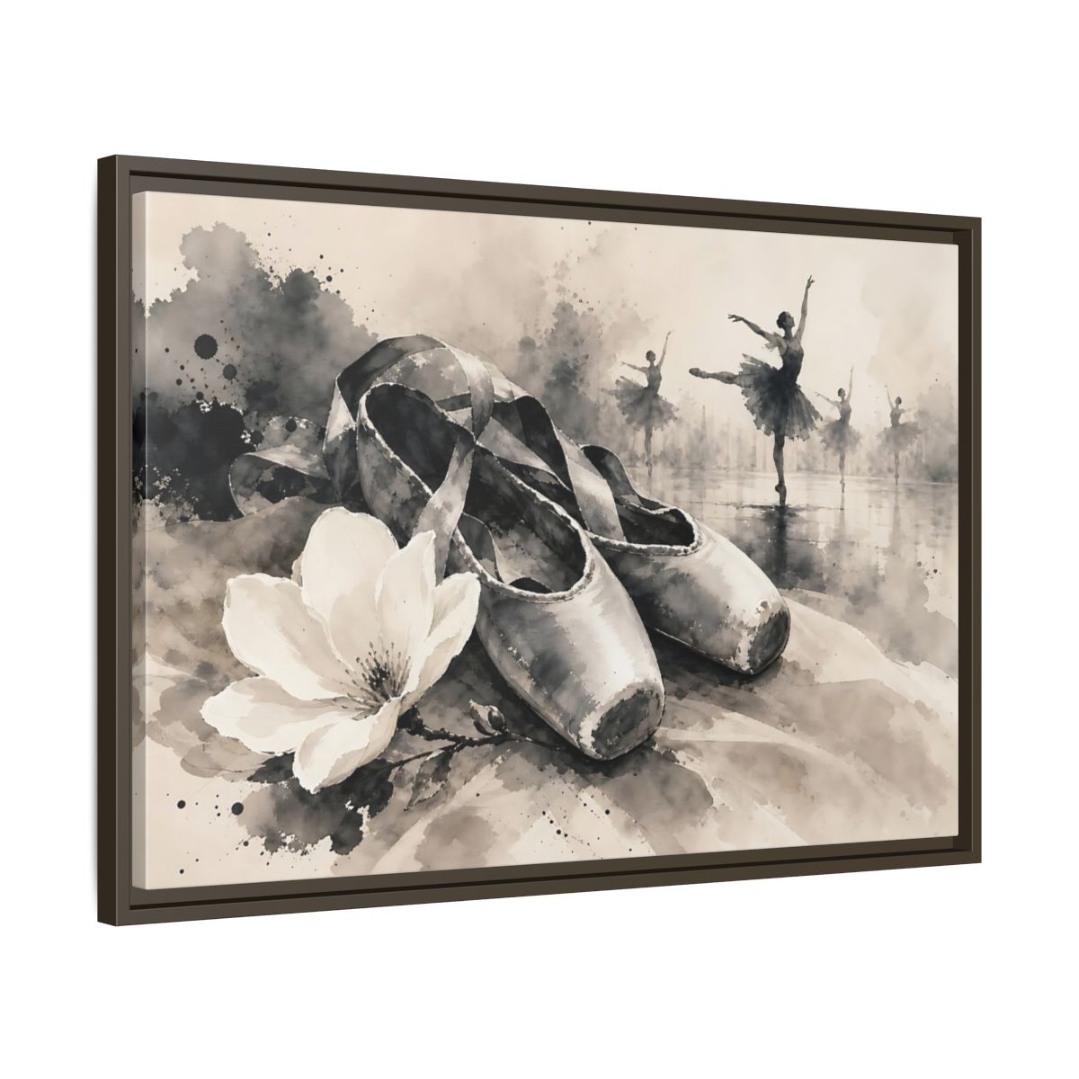 Side Mockup 11. Vintage Ballet Shoes Vintage Ballet Art shown as framed canvas print