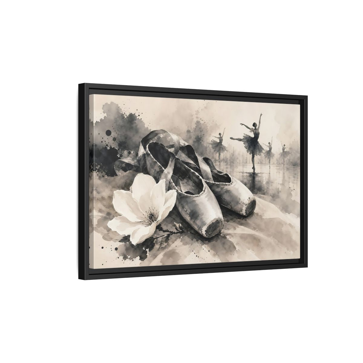Side Mockup 3. Vintage Ballet Shoes Vintage Ballet Art shown as framed canvas print