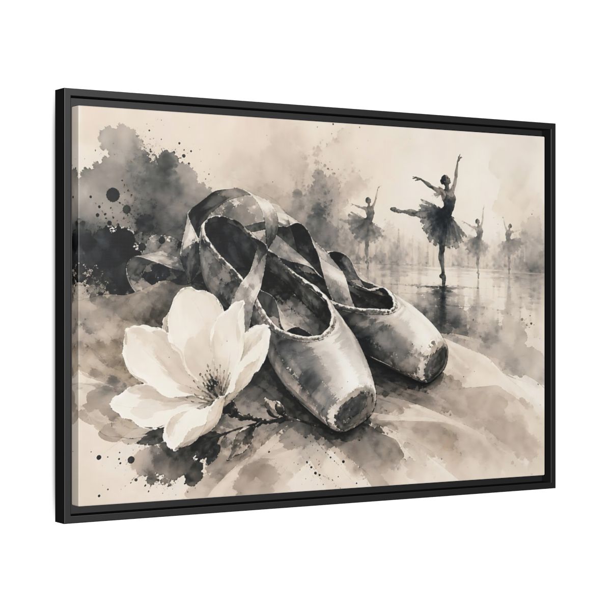 Side Mockup 13. Vintage Ballet Shoes Vintage Ballet Art shown as framed canvas print