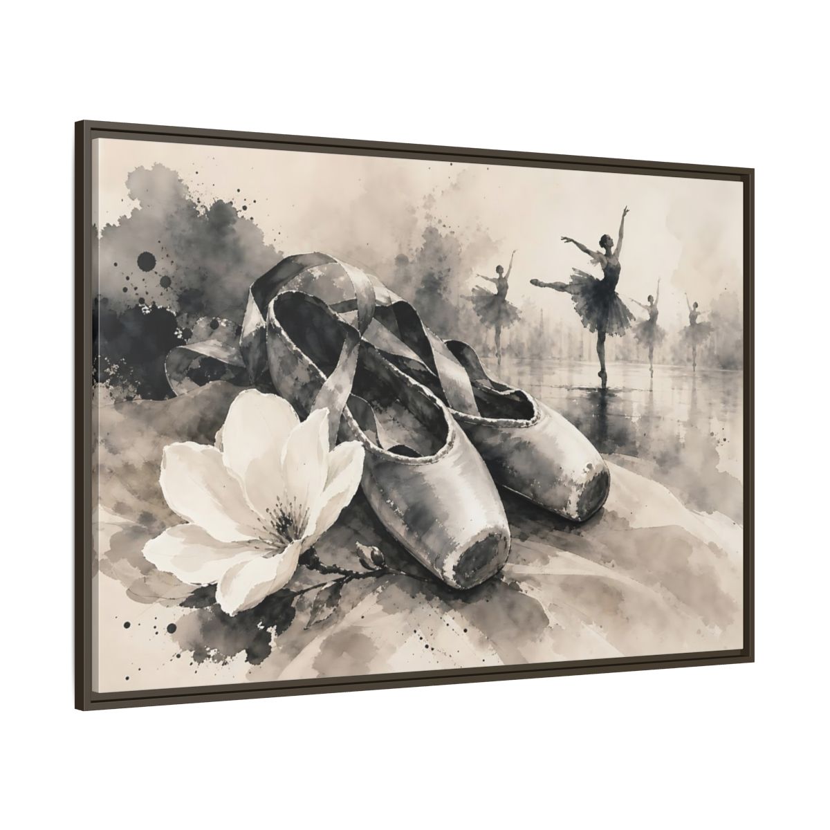 Side Mockup 8. Vintage Ballet Shoes Vintage Ballet Art shown as framed canvas print