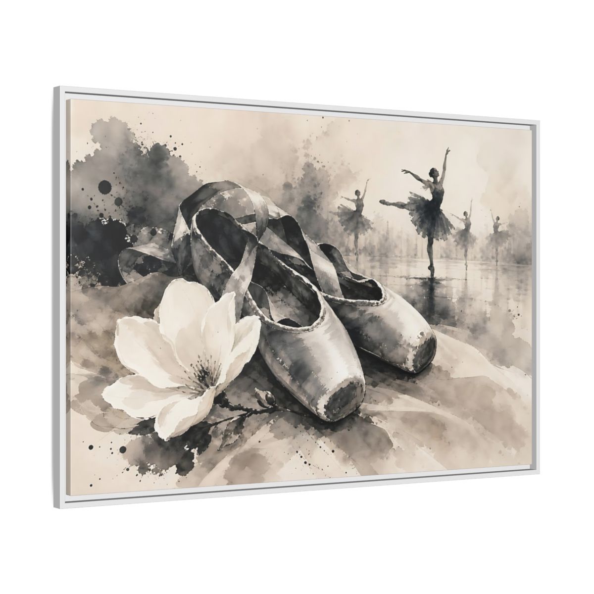 Side Mockup 7. Vintage Ballet Shoes Vintage Ballet Art shown as framed canvas print