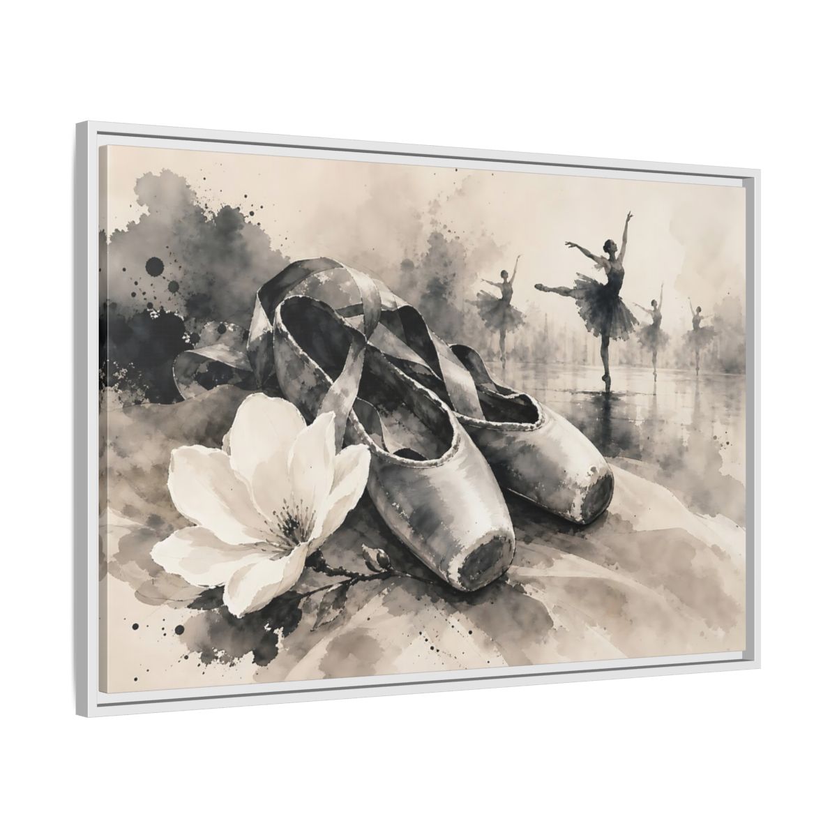 Side Mockup 9. Vintage Ballet Shoes Vintage Ballet Art shown as framed canvas print