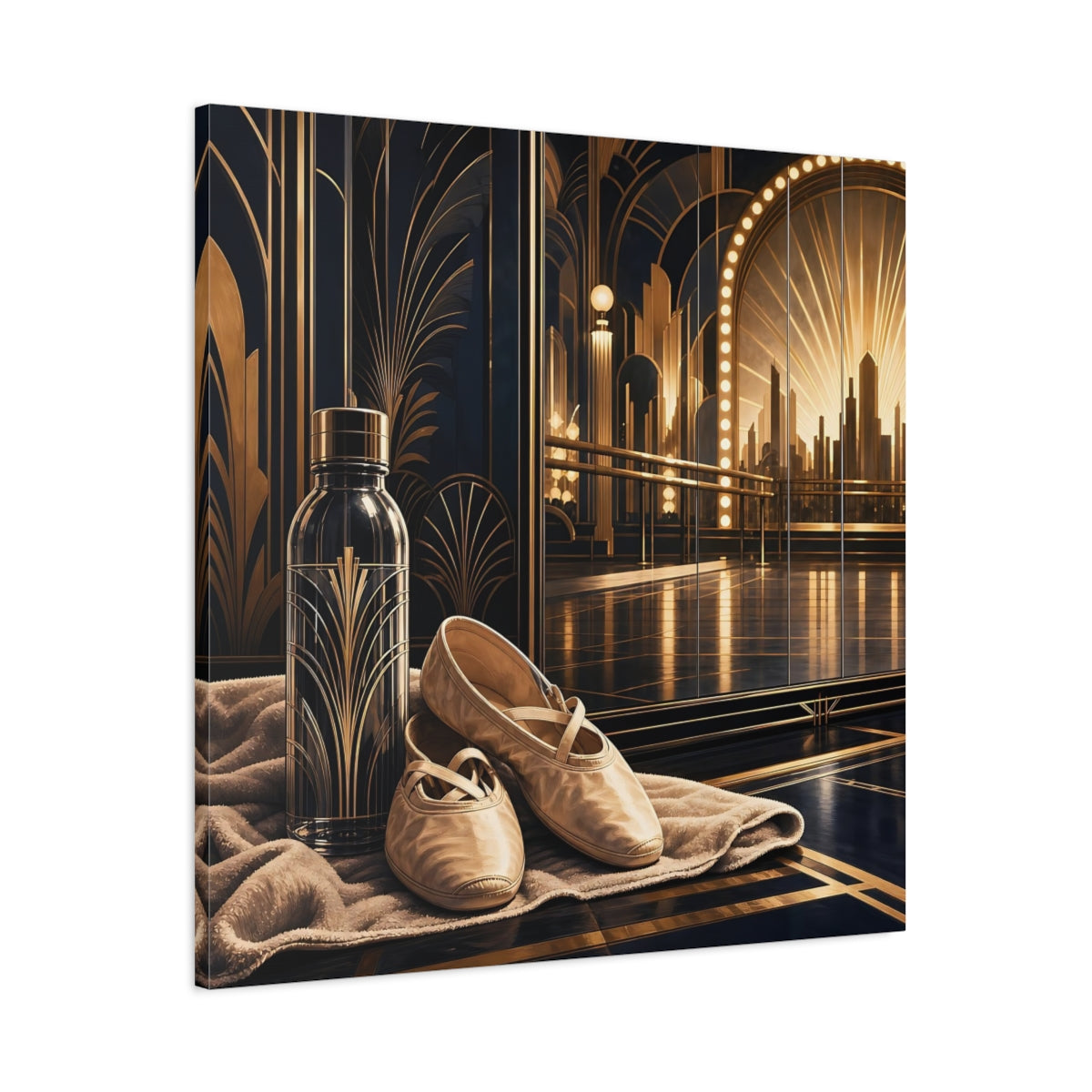 Main Mockup. Vintage Ballet Shoes Gold And Black shown as canvas print
