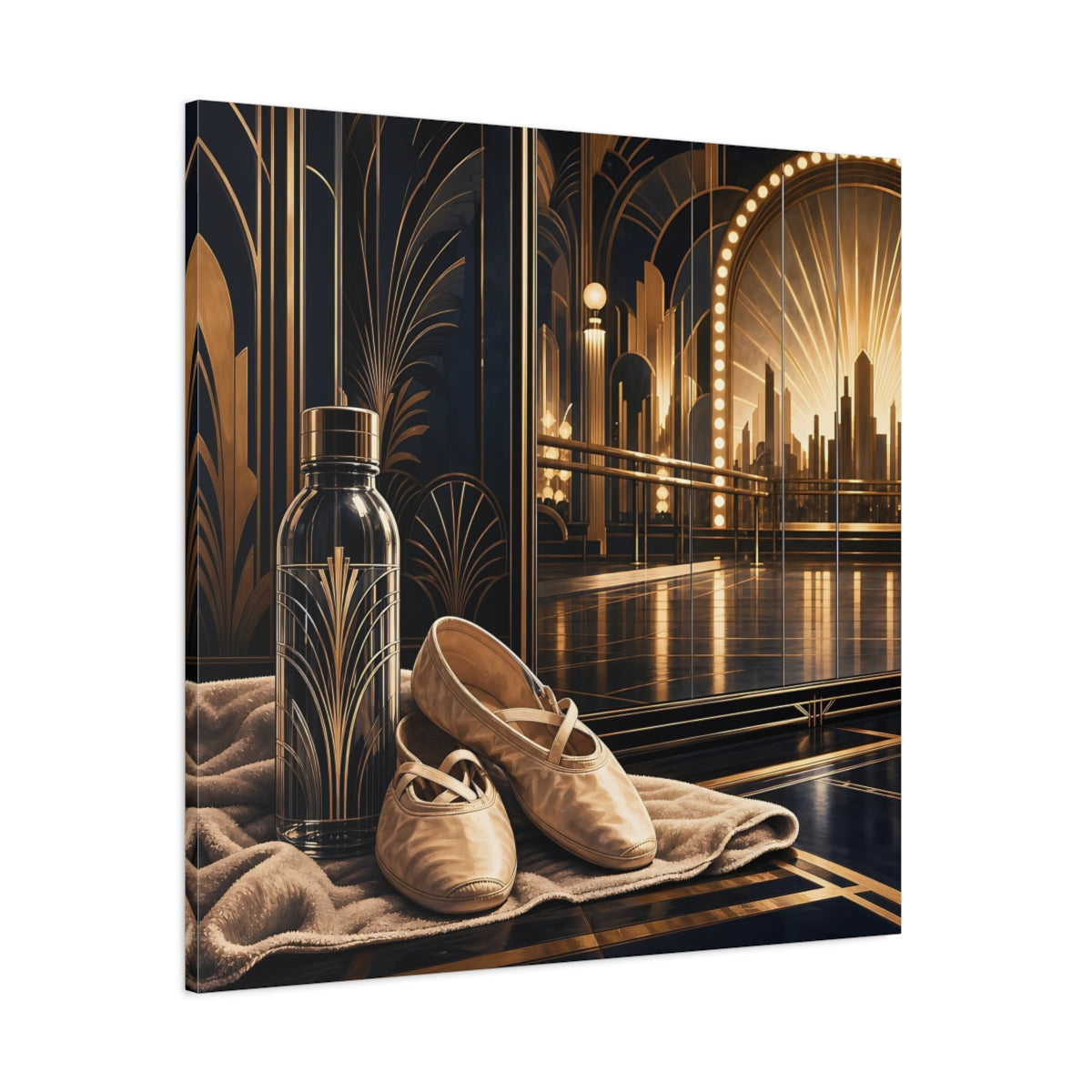 Side Mockup 1. Vintage Ballet Shoes Gold And Black shown as canvas print