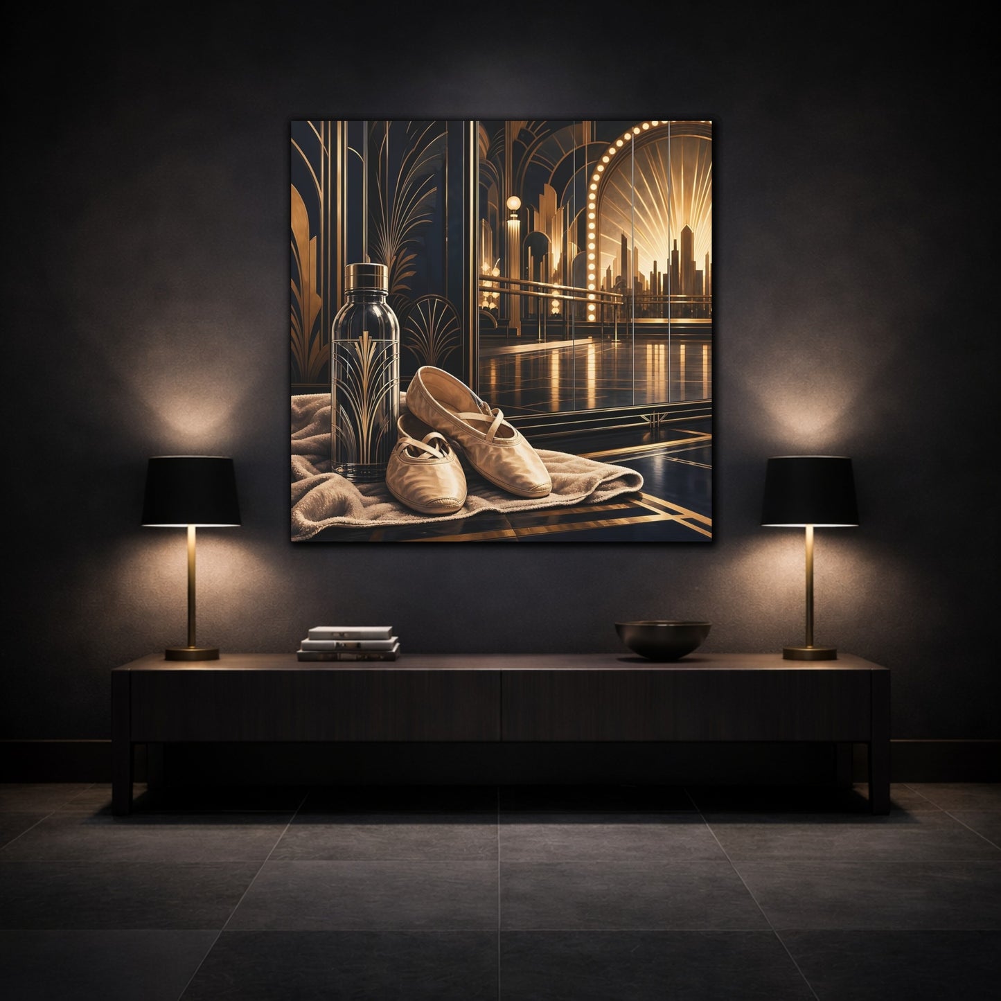 Mockup 3. Vintage Ballet Shoes Gold And Black shown as canvas print