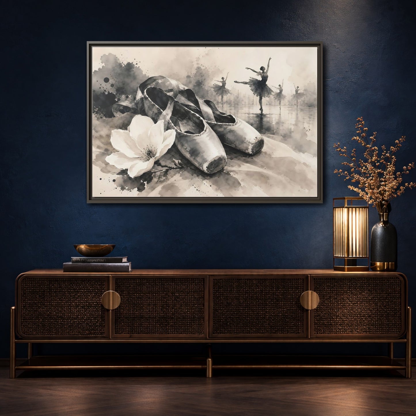Mockup 4. Vintage Ballet Shoes Vintage Ballet Art shown as framed canvas print