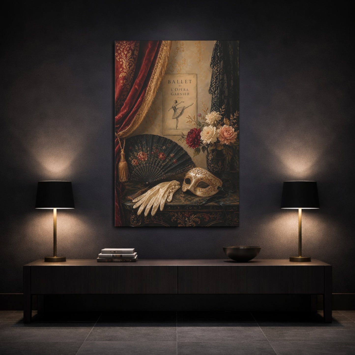 Mockup 3. Vintage Ballet Still Life Vintage Opulence shown as canvas print