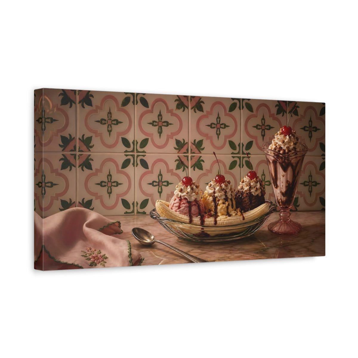 Side Mockup 3. Vintage Banana Split Vintage Dessert shown as canvas print
