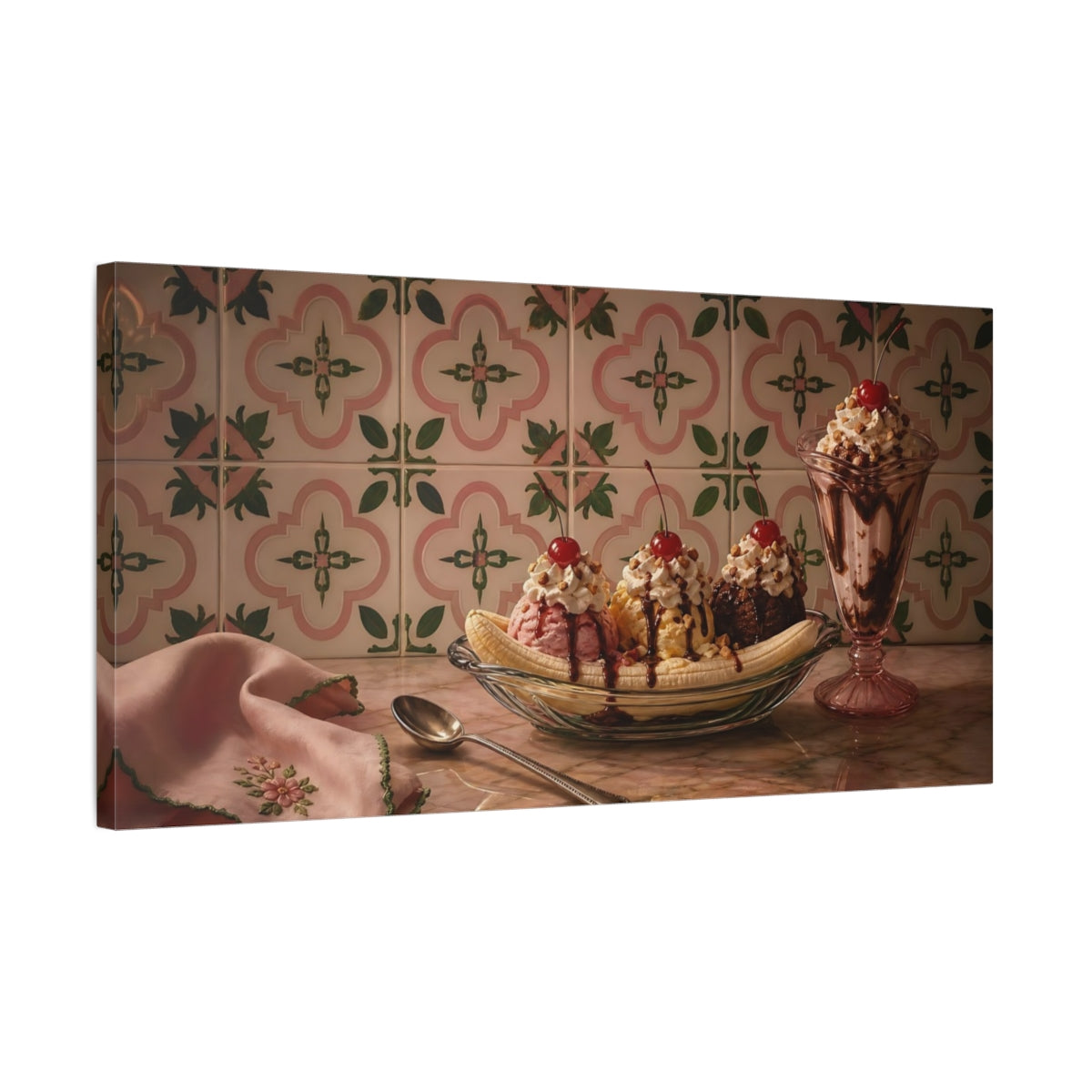 Side Mockup 1. Vintage Banana Split Vintage Dessert shown as canvas print