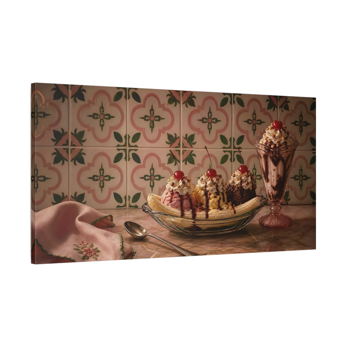 Main Mockup. Vintage Banana Split Vintage Dessert shown as canvas print