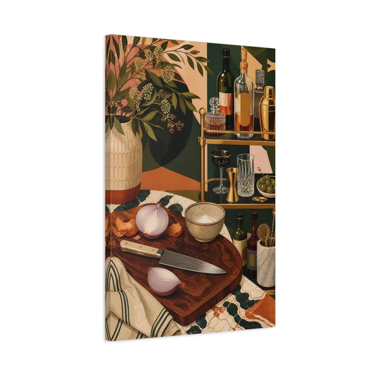 Side Mockup 2. Vintage Bar Scene Vintage Bar Green shown as stretched canvas wall art