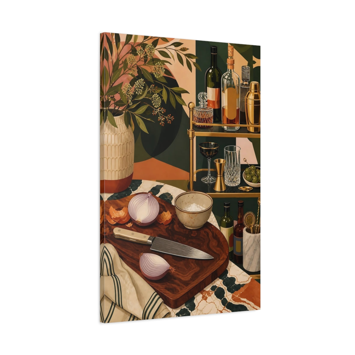 Main Mockup. Vintage Bar Scene Vintage Bar Green shown as stretched canvas wall art
