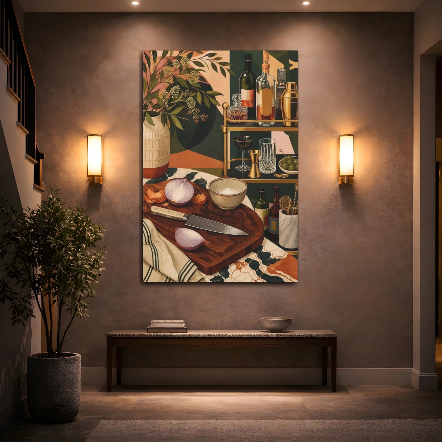 Mockup 2. Vintage Bar Scene Vintage Bar Green shown as stretched canvas wall art
