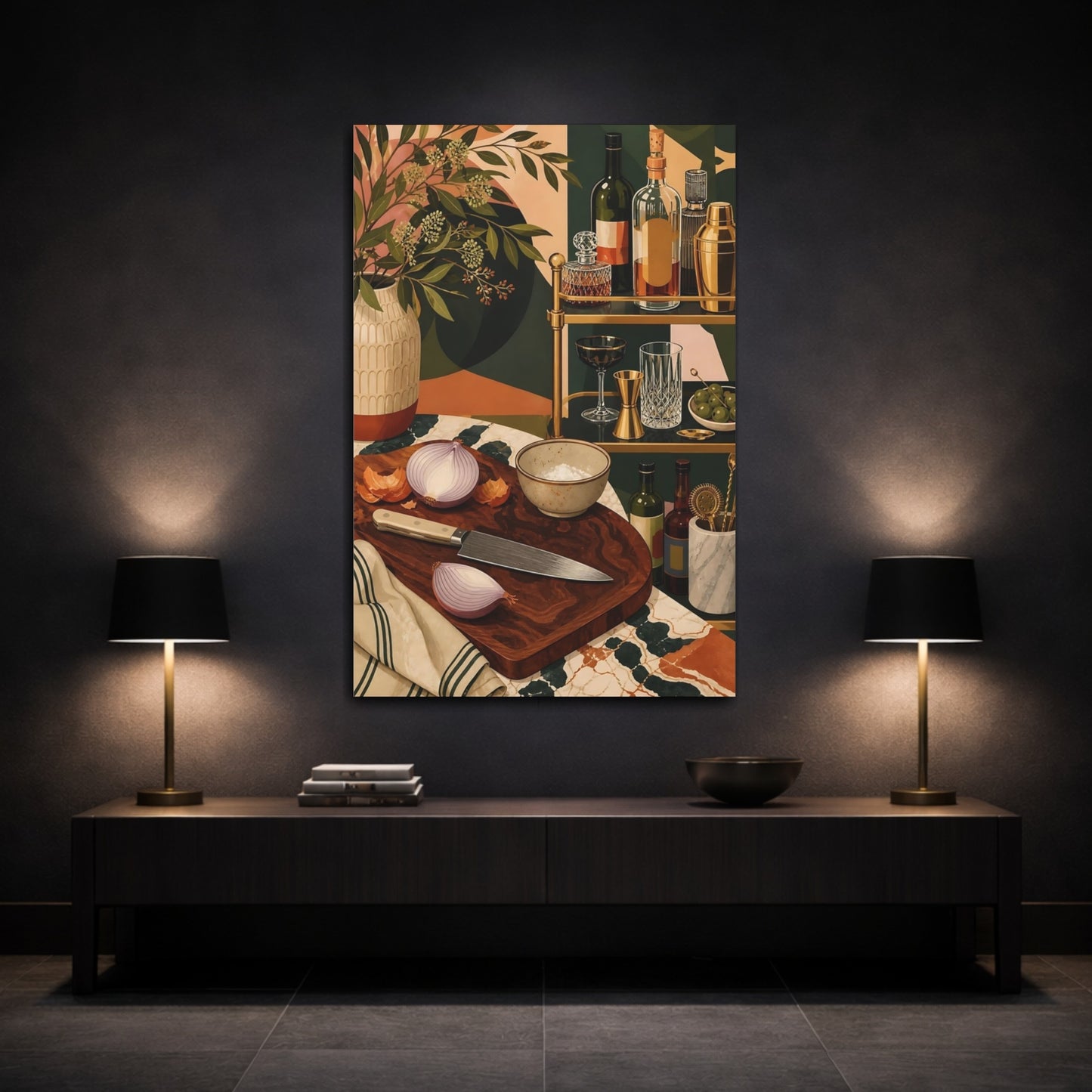 Mockup 3. Vintage Bar Scene Vintage Bar Green shown as stretched canvas wall art