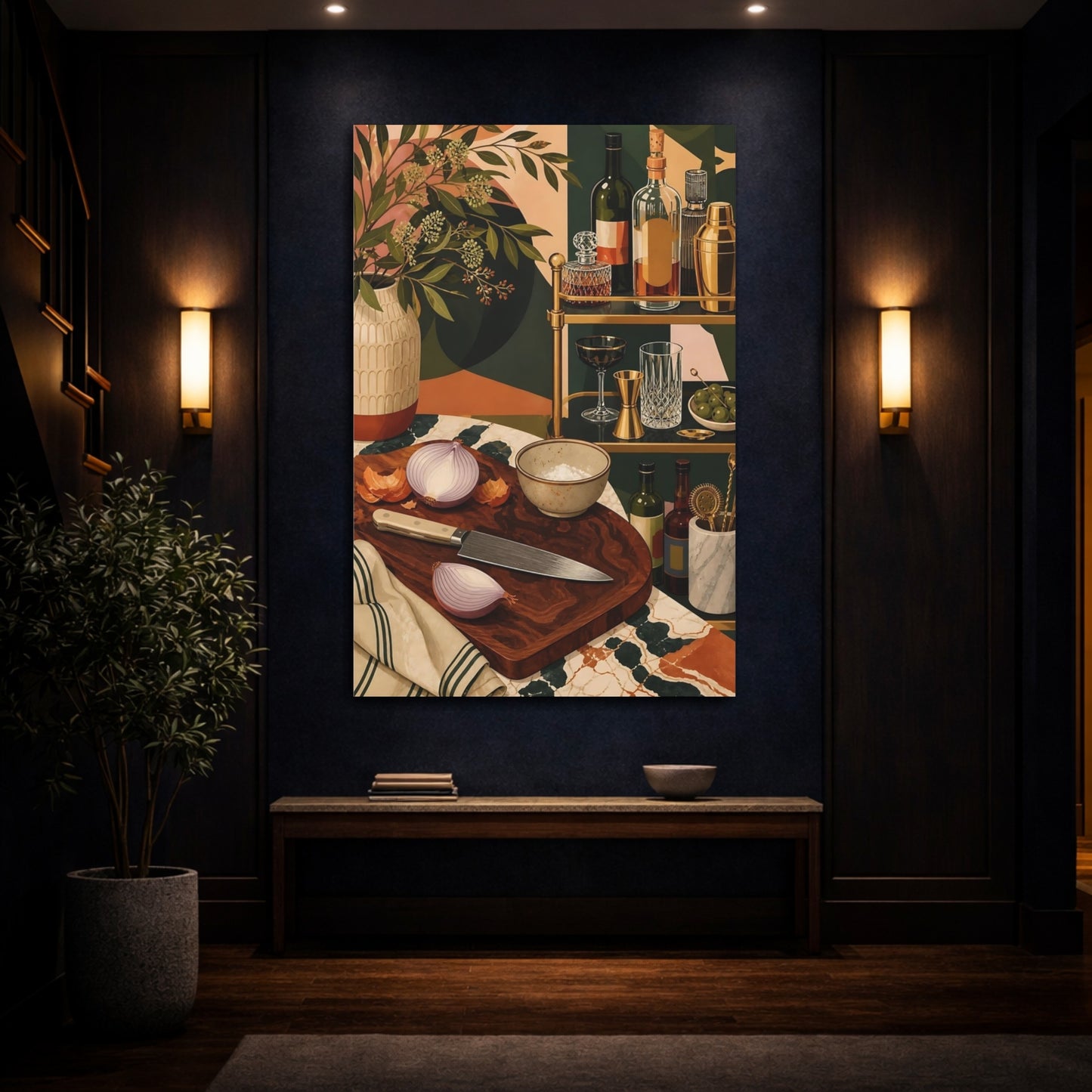 Mockup 4. Vintage Bar Scene Vintage Bar Green shown as stretched canvas wall art