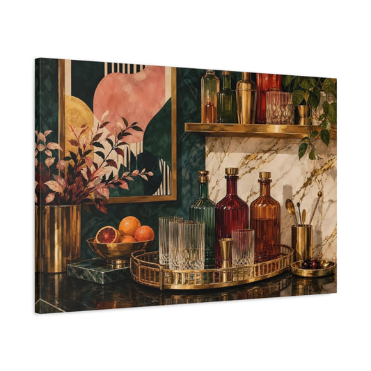 Main Mockup. Vintage Bar Setup Elegant Bar Decor shown as stretched canvas wall art
