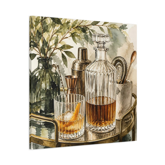 Main Mockup. Vintage Barware Brown And Green shown as stretched canvas wall art