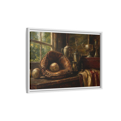 Side Mockup 1. Vintage Baseball Trophy Still Life shown as framed canvas print