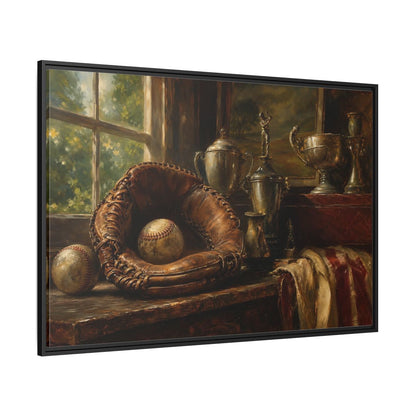 Side Mockup 12. Vintage Baseball Trophy Still Life shown as framed canvas print