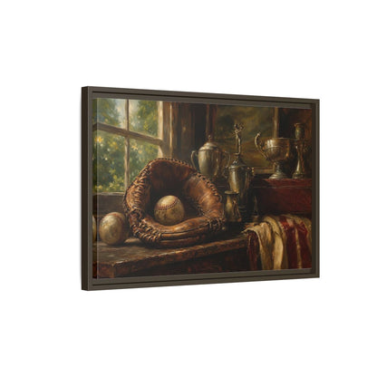 Side Mockup 2. Vintage Baseball Trophy Still Life shown as framed canvas print