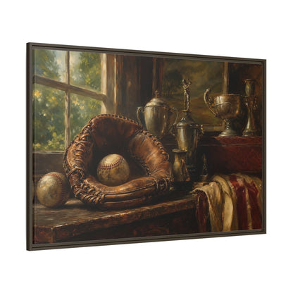 Side Mockup 8. Vintage Baseball Trophy Still Life shown as framed canvas print