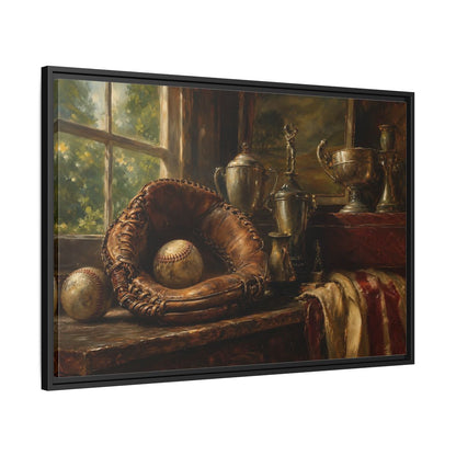 Side Mockup 13. Vintage Baseball Trophy Still Life shown as framed canvas print