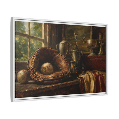 Side Mockup 10. Vintage Baseball Trophy Still Life shown as framed canvas print