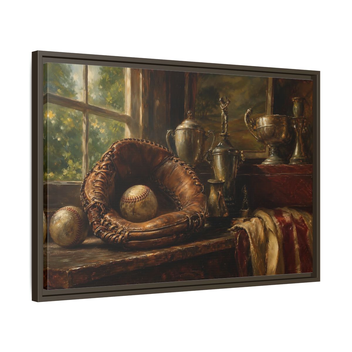 Side Mockup 11. Vintage Baseball Trophy Still Life shown as framed canvas print