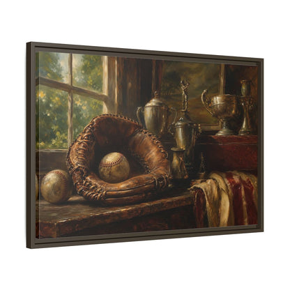 Side Mockup 11. Vintage Baseball Trophy Still Life shown as framed canvas print