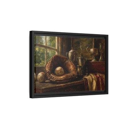 Side Mockup 6. Vintage Baseball Trophy Still Life shown as framed canvas print