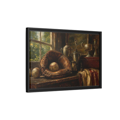 Side Mockup 3. Vintage Baseball Trophy Still Life shown as framed canvas print