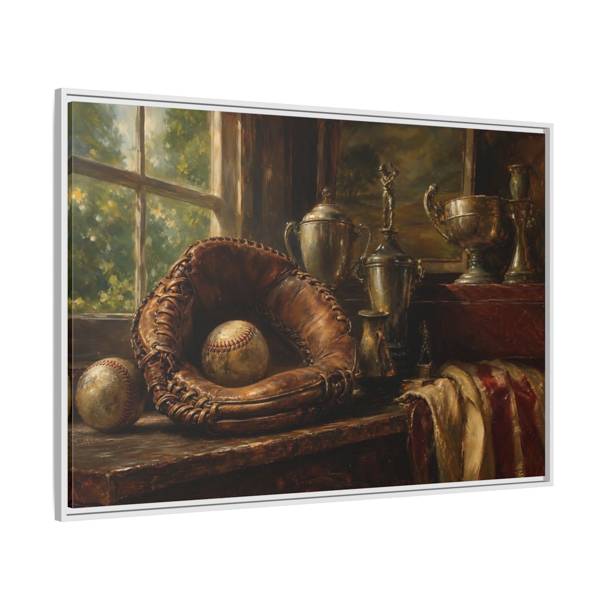 Side Mockup 7. Vintage Baseball Trophy Still Life shown as framed canvas print