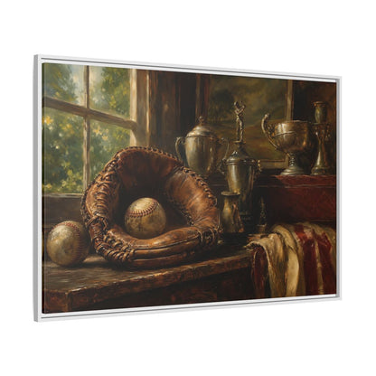 Side Mockup 7. Vintage Baseball Trophy Still Life shown as framed canvas print