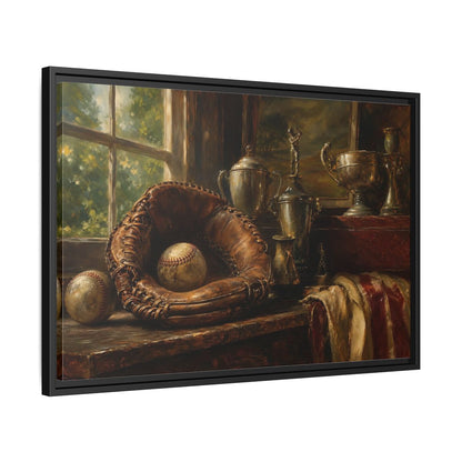 Side Mockup 14. Vintage Baseball Trophy Still Life shown as framed canvas print