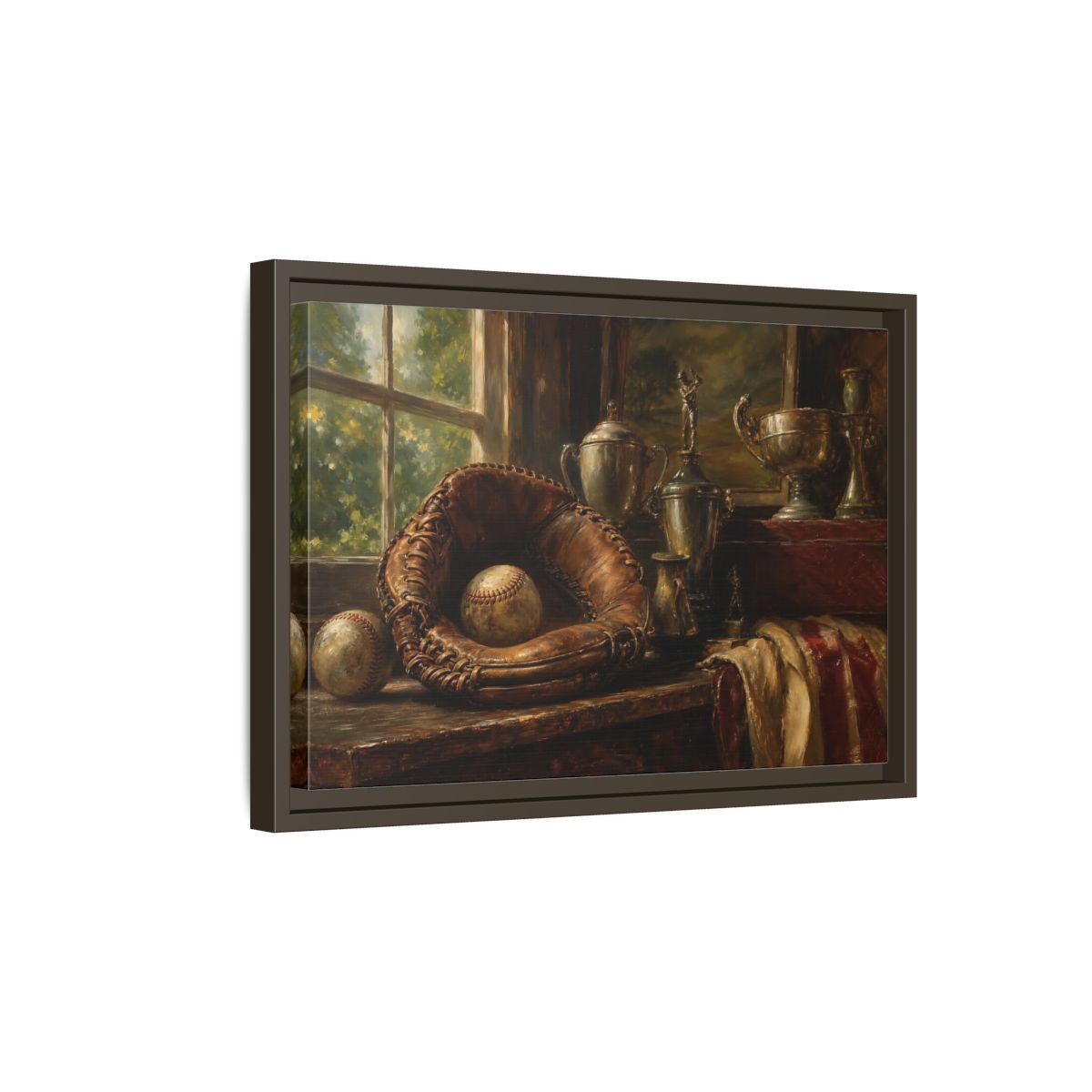 Side Mockup 5. Vintage Baseball Trophy Still Life shown as framed canvas print