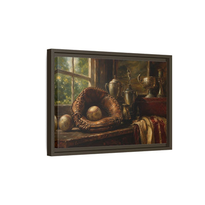 Side Mockup 5. Vintage Baseball Trophy Still Life shown as framed canvas print