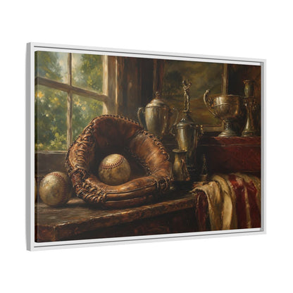 Side Mockup 9. Vintage Baseball Trophy Still Life shown as framed canvas print