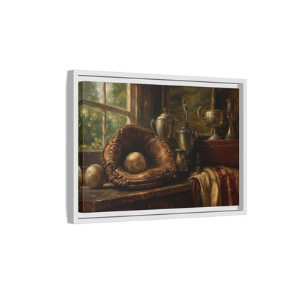 Side Mockup 4. Vintage Baseball Trophy Still Life shown as framed canvas print