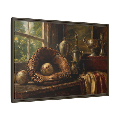 Main Mockup. Vintage Baseball Trophy Still Life shown as framed canvas print