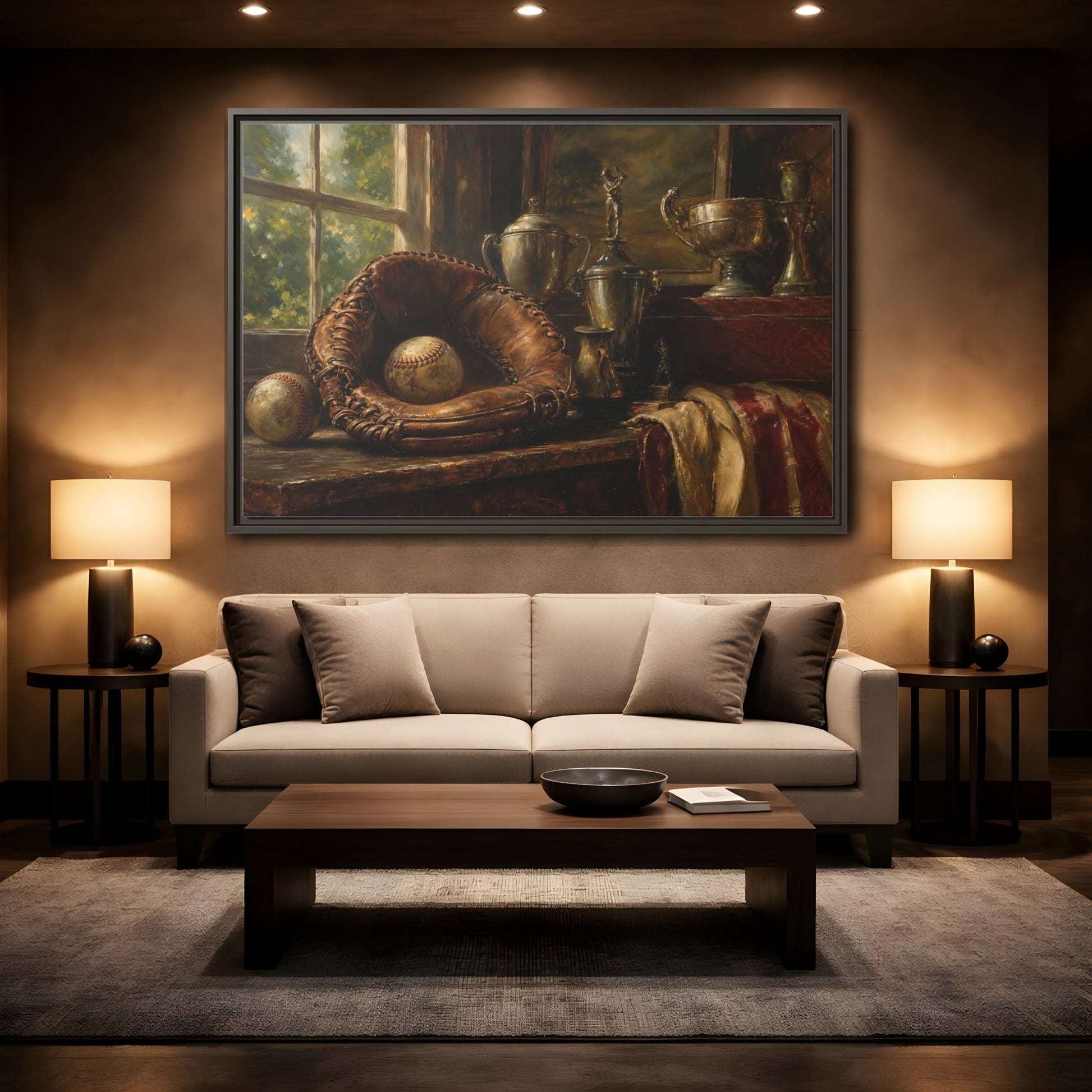 Mockup 2. Vintage Baseball Trophy Still Life shown as framed canvas print