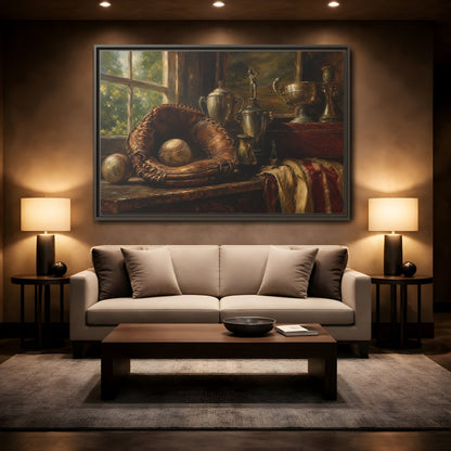 Mockup 2. Vintage Baseball Trophy Still Life shown as framed canvas print