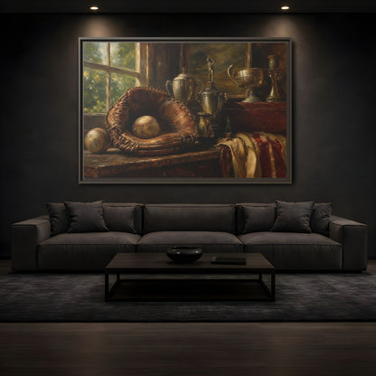 Mockup 3. Vintage Baseball Trophy Still Life shown as framed canvas print