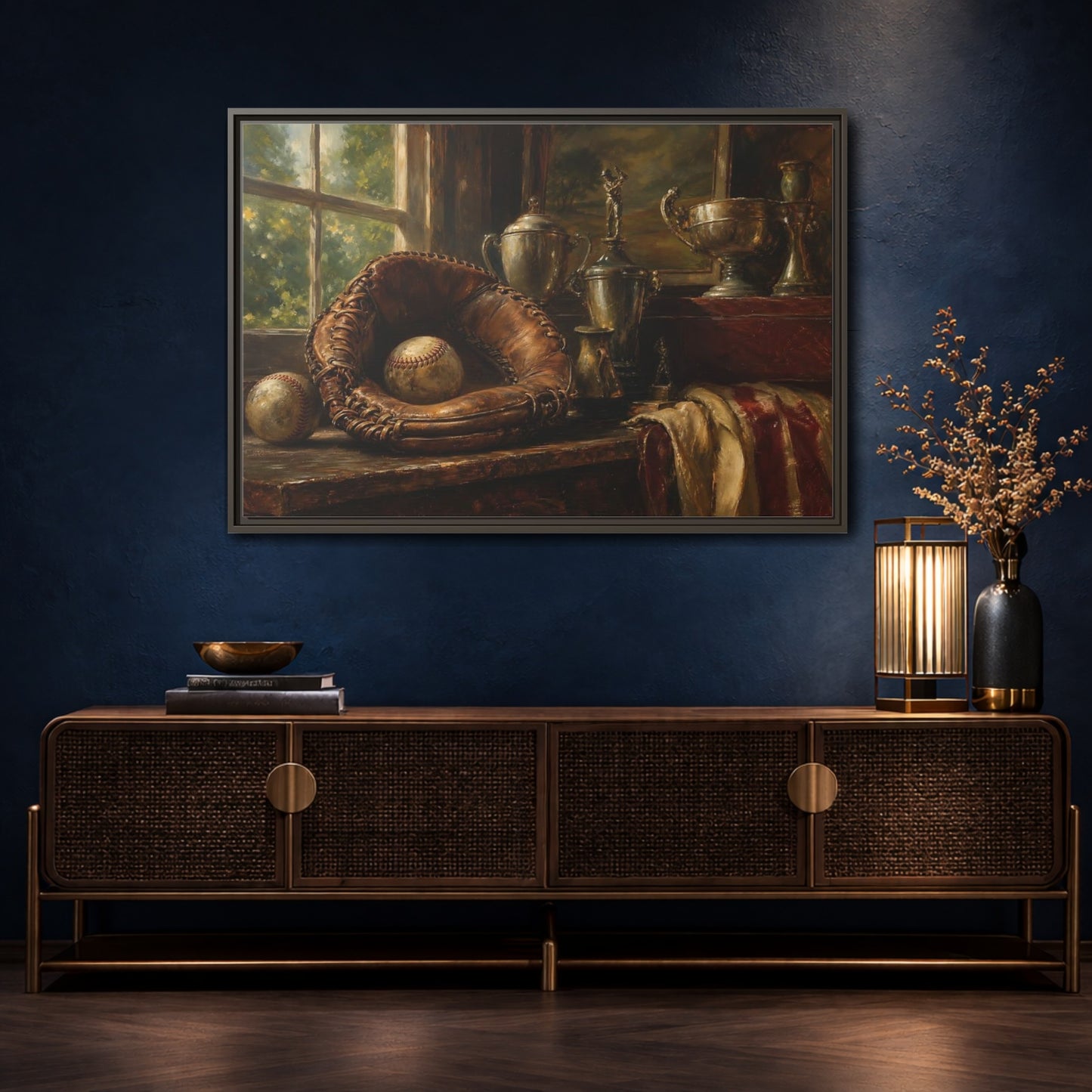 Mockup 4. Vintage Baseball Trophy Still Life shown as framed canvas print