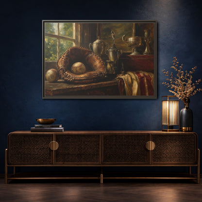 Mockup 4. Vintage Baseball Trophy Still Life shown as framed canvas print